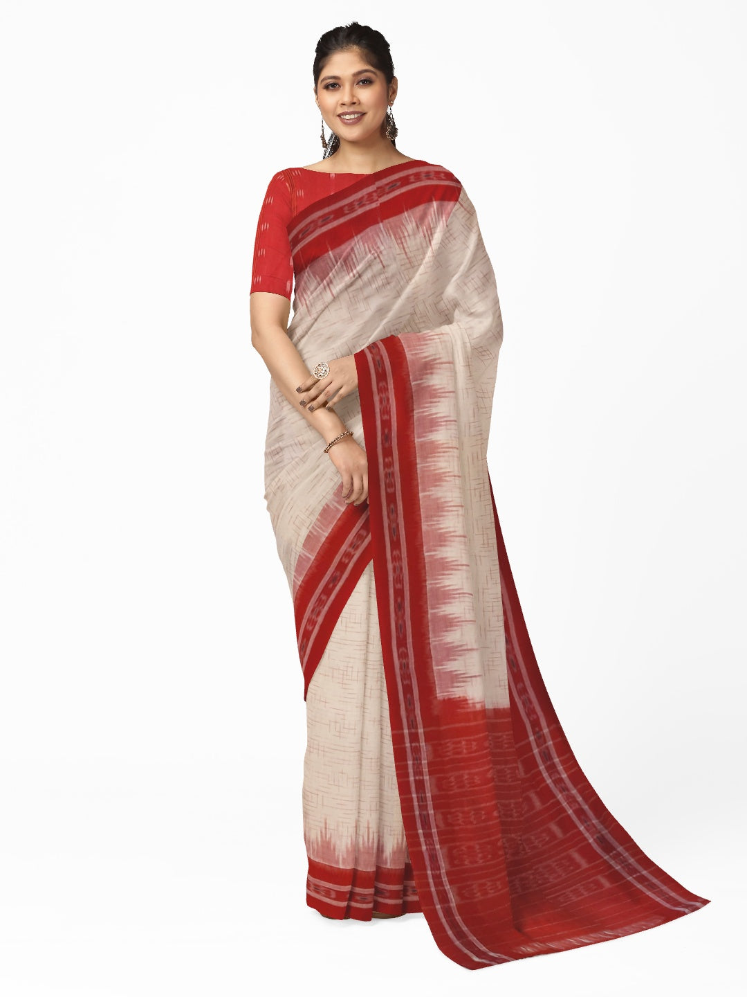 White with Red Cotton Odisha Ikat saree with mix match cotton ikat blouse piece