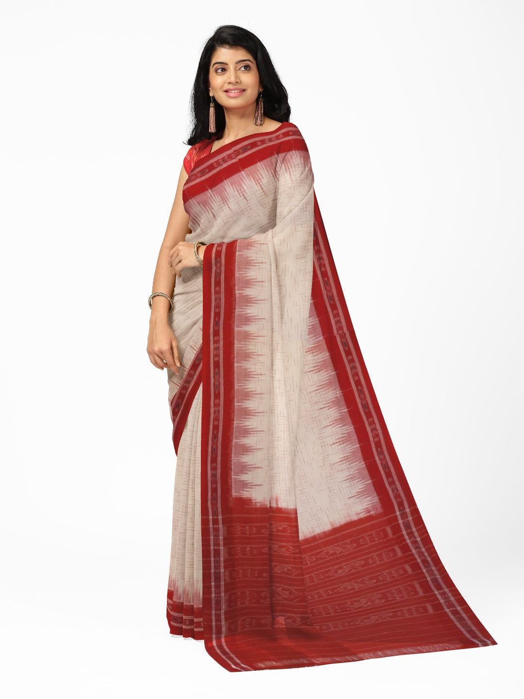 White with Red Cotton Odisha Ikat saree with mix match cotton ikat blouse piece