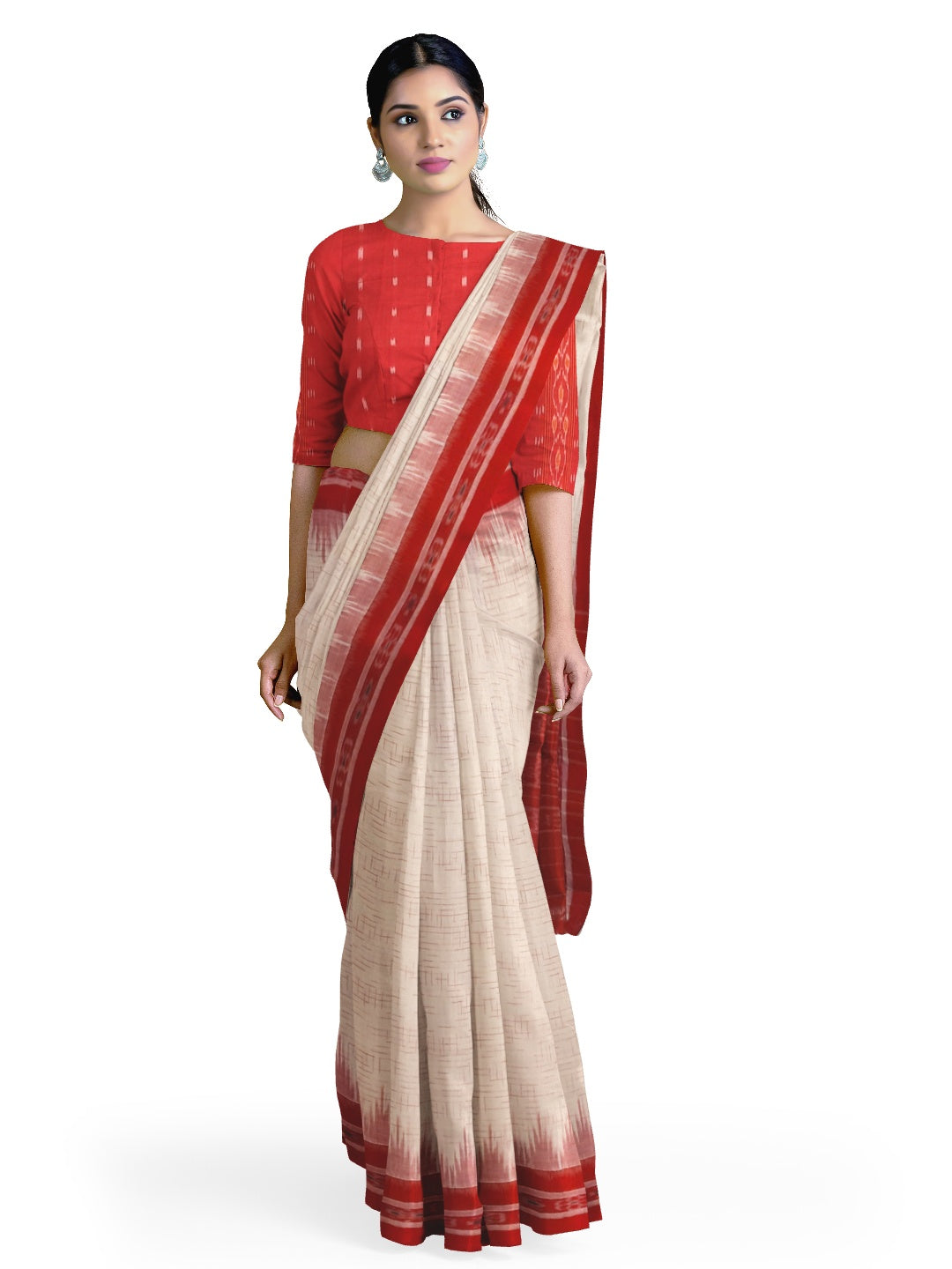 White with Red Cotton Odisha Ikat saree with mix match cotton ikat blouse piece