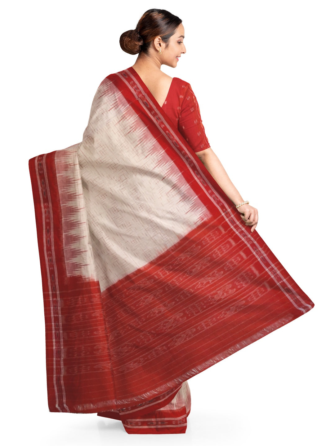 White with Red Cotton Odisha Ikat saree with mix match cotton ikat blouse piece