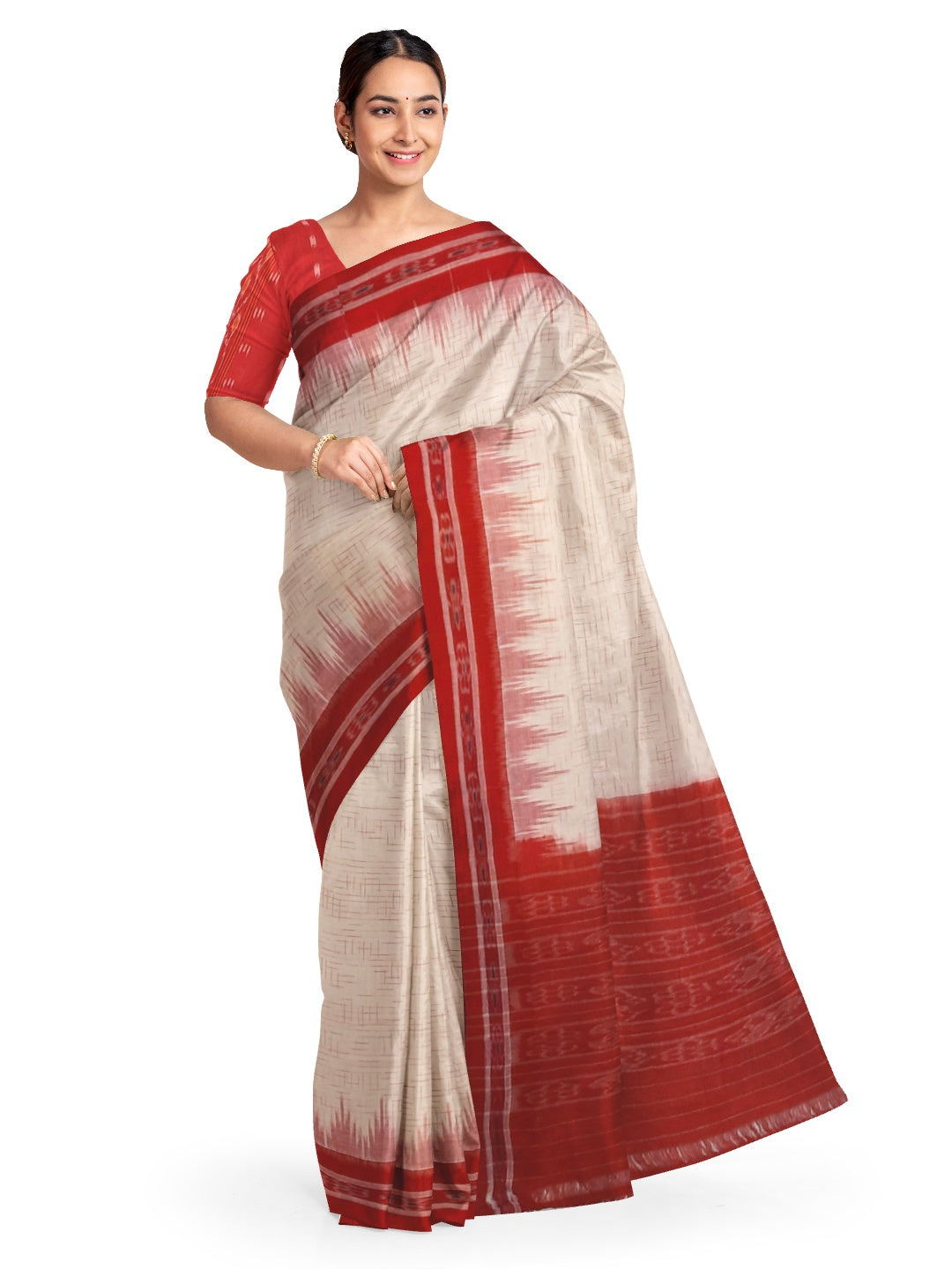 White with Red Cotton Odisha Ikat saree with mix match cotton ikat blouse piece