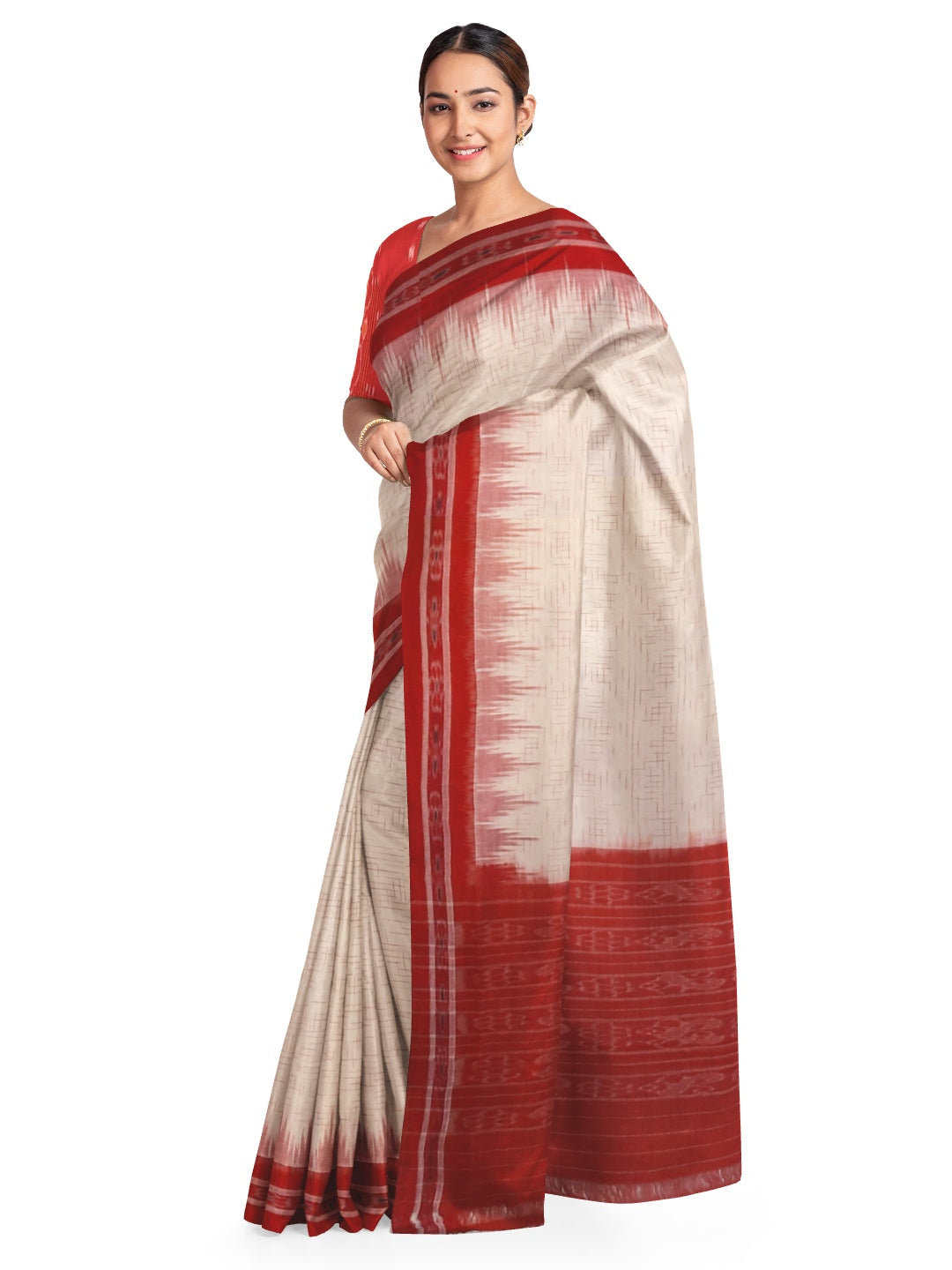 White with Red Cotton Odisha Ikat saree with mix match cotton ikat blouse piece