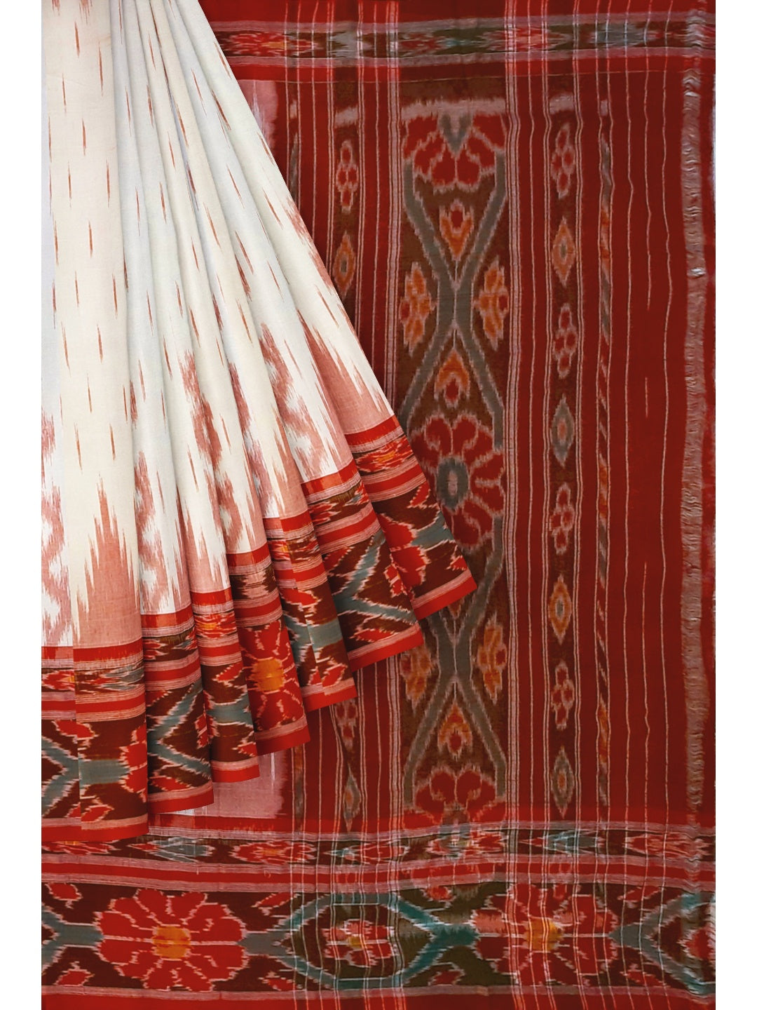 White with Red Cotton Odisha Ikat saree with cotton ikat blouse piece