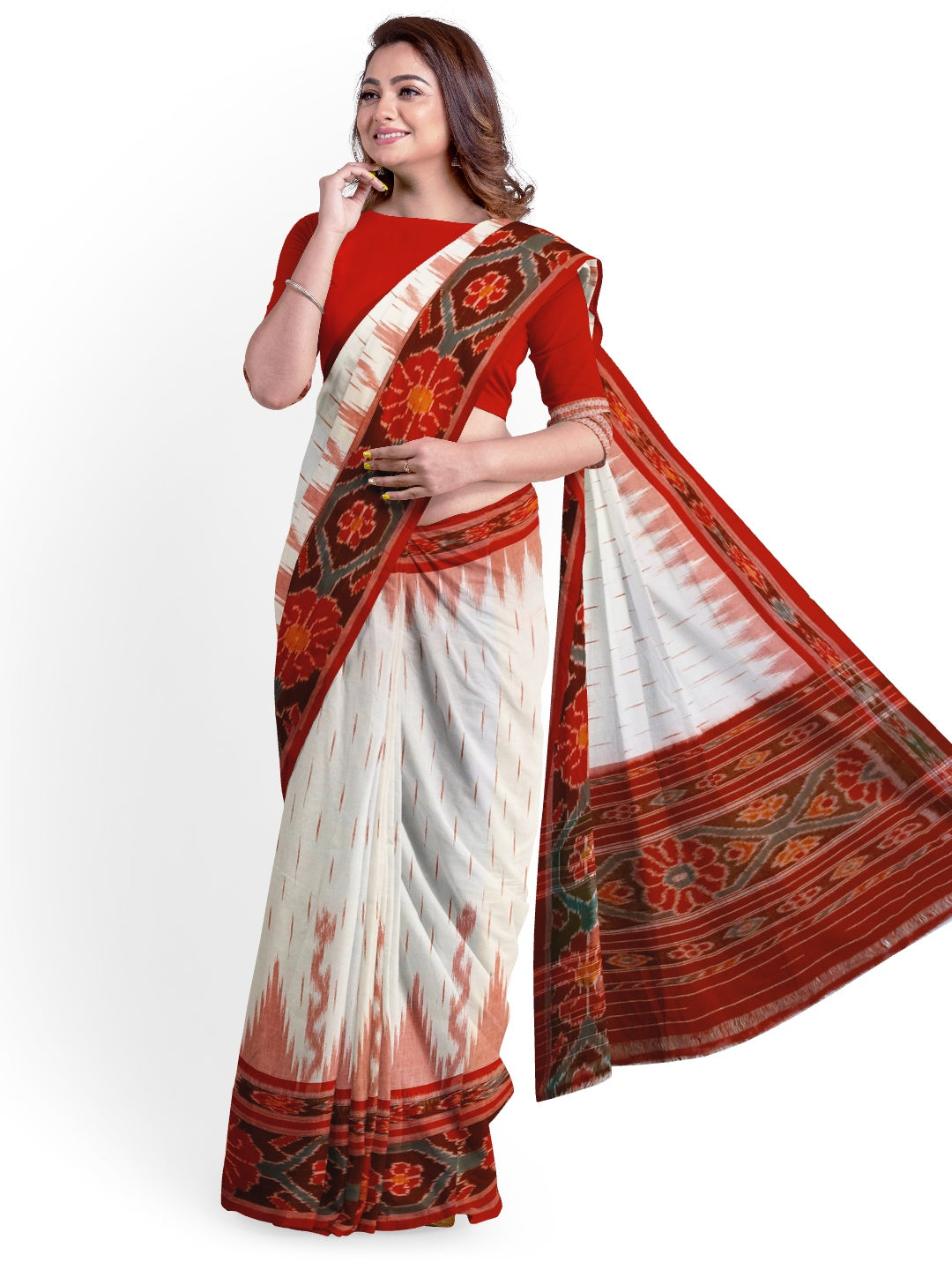 White with Red Cotton Odisha Ikat saree with cotton ikat blouse piece