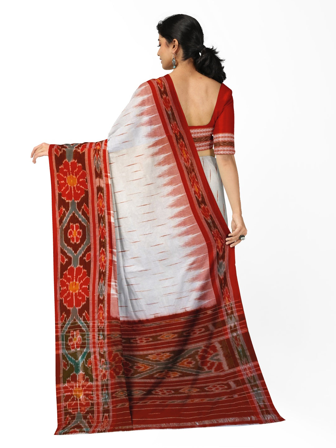 White with Red Cotton Odisha Ikat saree with cotton ikat blouse piece