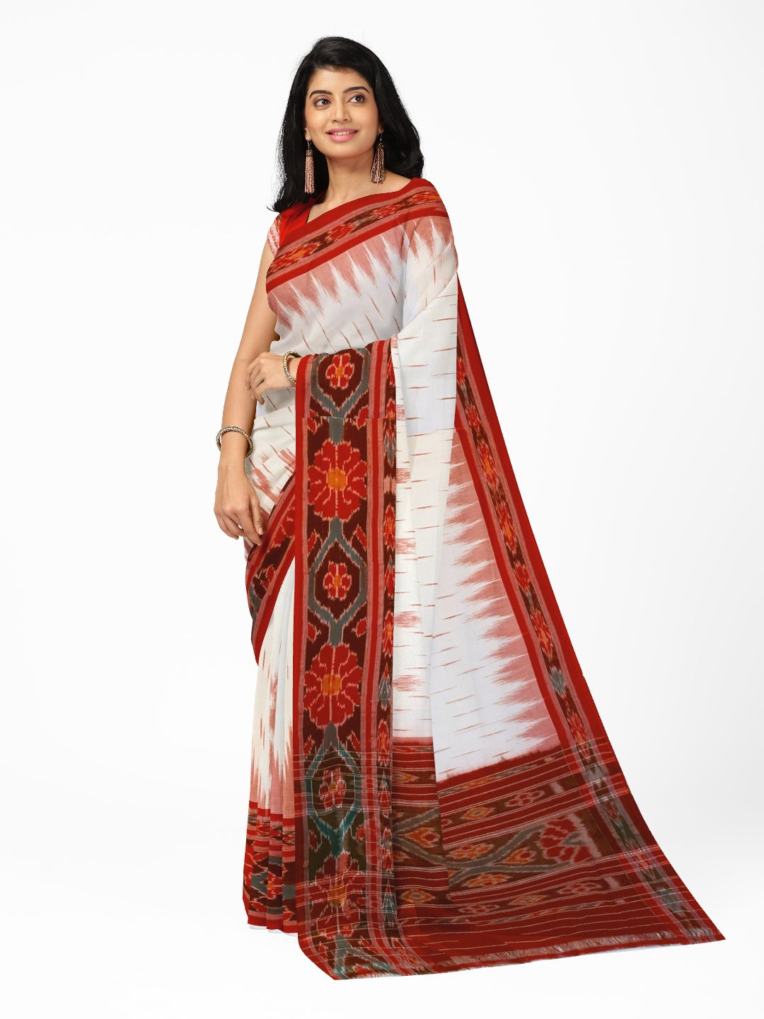 White with Red Cotton Odisha Ikat saree with cotton ikat blouse piece