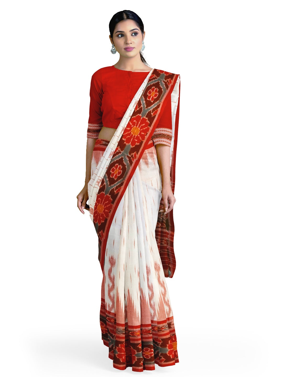 White with Red Cotton Odisha Ikat saree with cotton ikat blouse piece