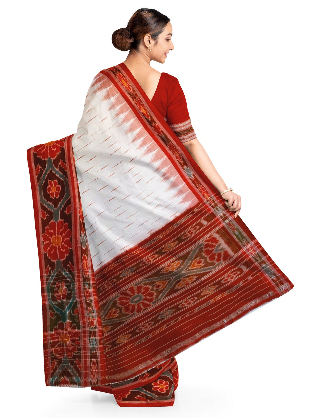White with Red Cotton Odisha Ikat saree with cotton ikat blouse piece