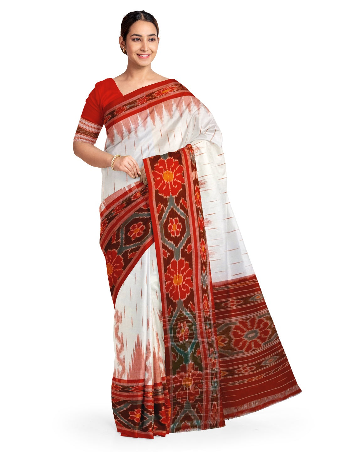 White with Red Cotton Odisha Ikat saree with cotton ikat blouse piece
