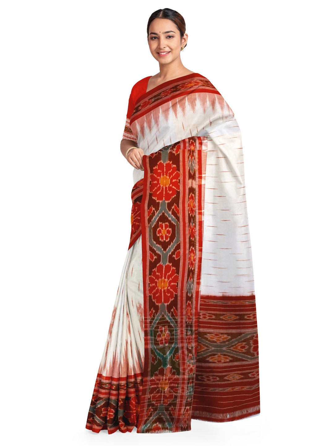 White with Red Cotton Odisha Ikat saree with cotton ikat blouse piece