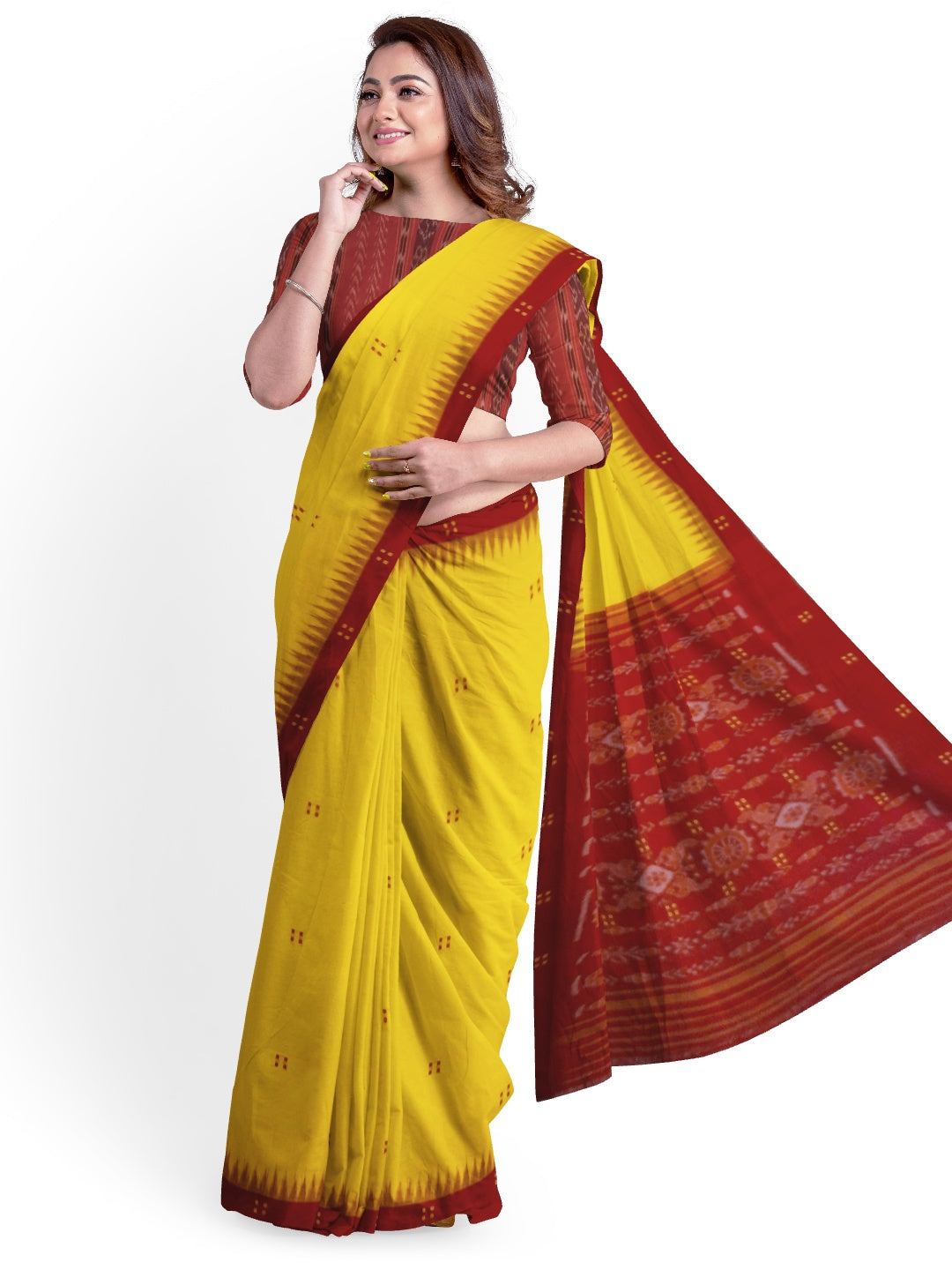 Yellow Red Cotton Odisha Ikat saree  with mix match cotton ikat blouse