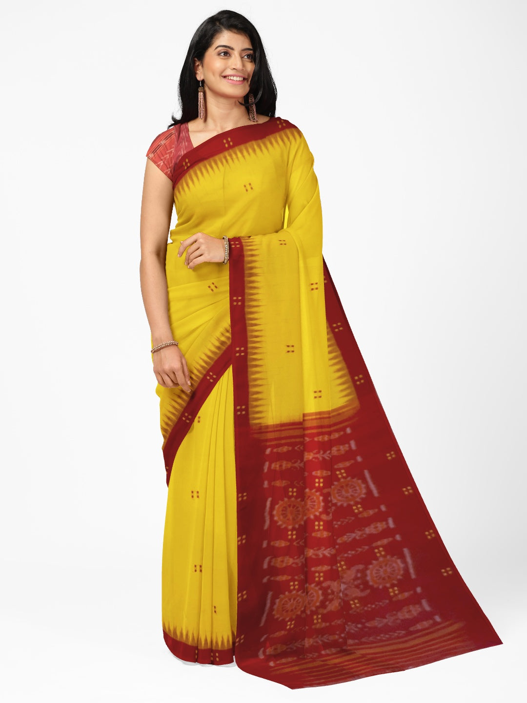 Yellow Red Cotton Odisha Ikat saree  with mix match cotton ikat blouse