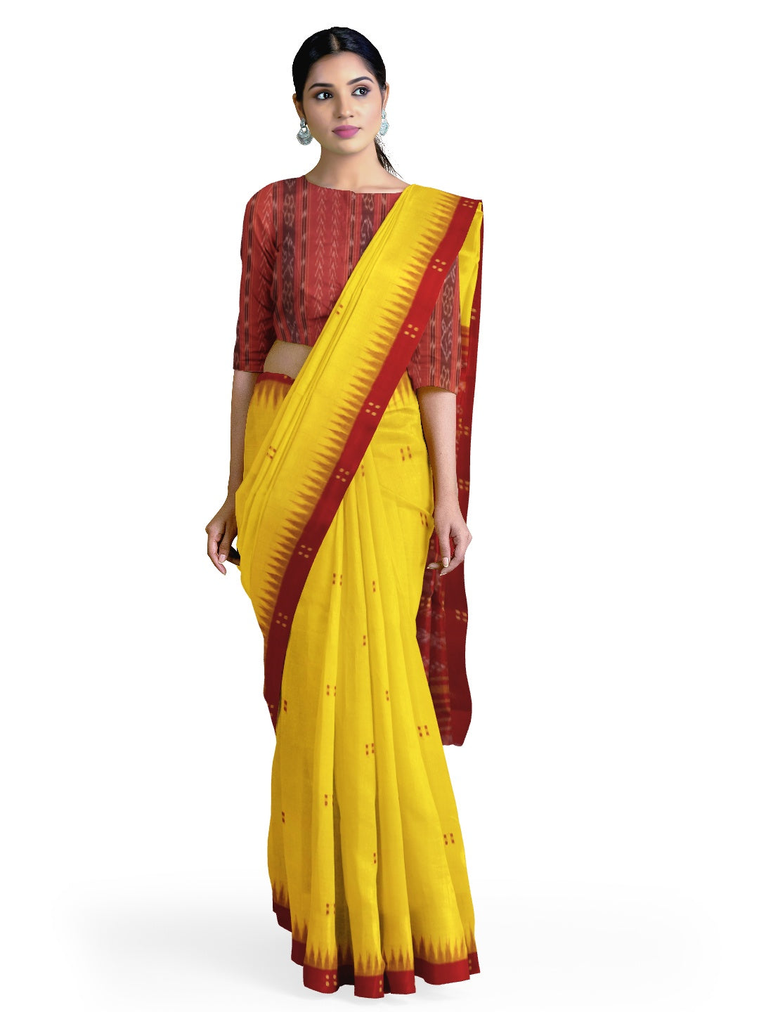 Yellow Red Cotton Odisha Ikat saree  with mix match cotton ikat blouse