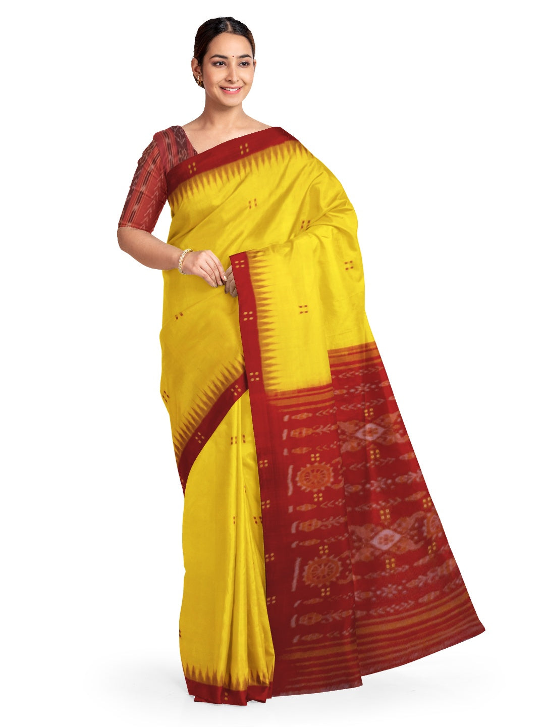 Yellow Red Cotton Odisha Ikat saree  with mix match cotton ikat blouse