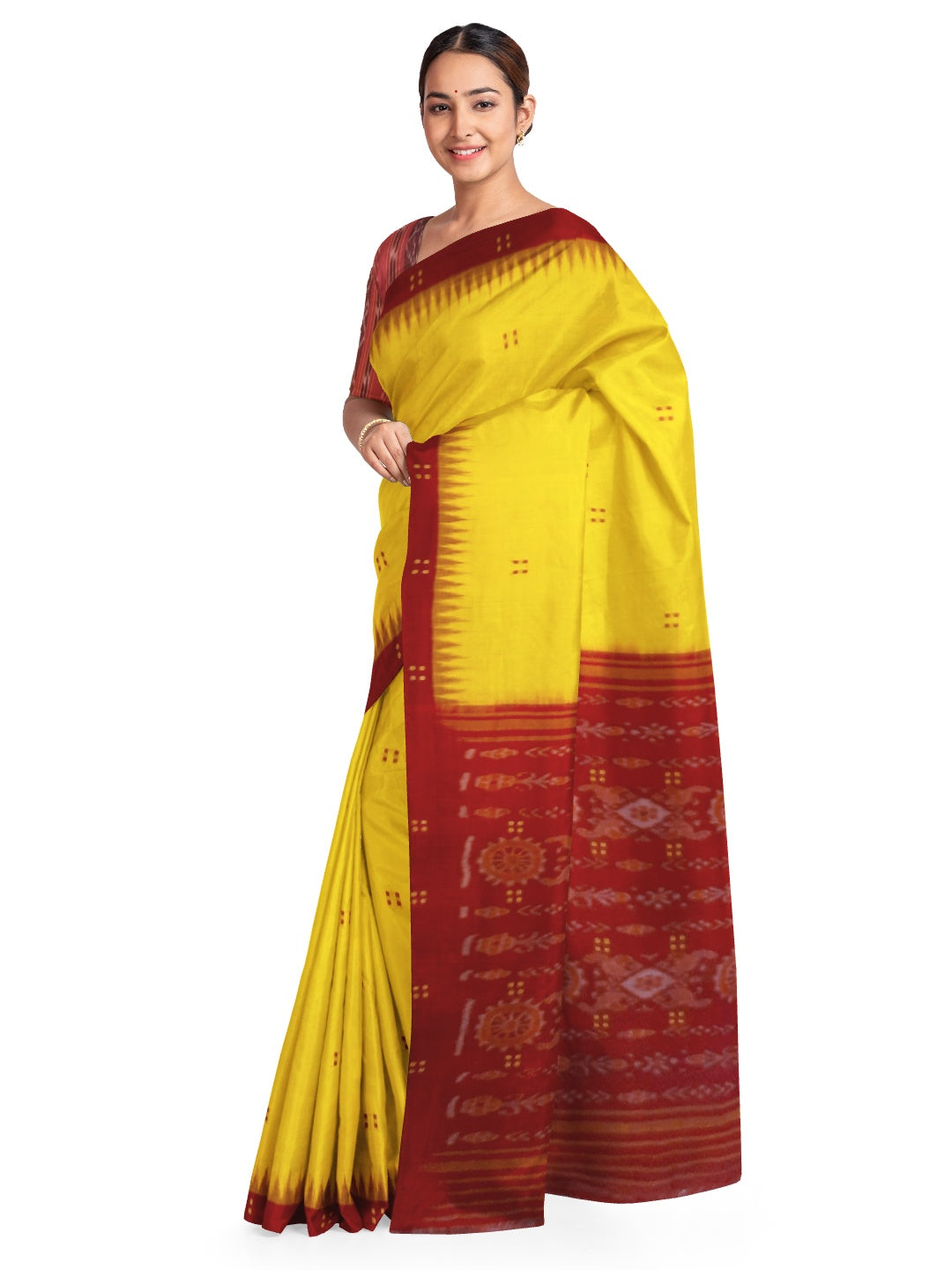 Yellow Red Cotton Odisha Ikat saree  with mix match cotton ikat blouse