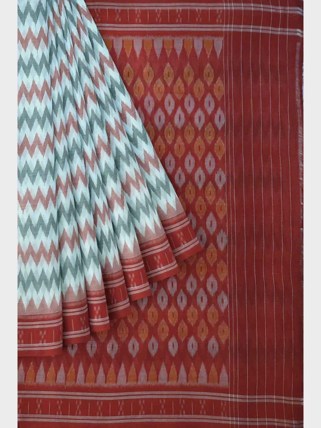 White with Red Green Cotton Odisha Ikat saree with cotton ikat blouse piece