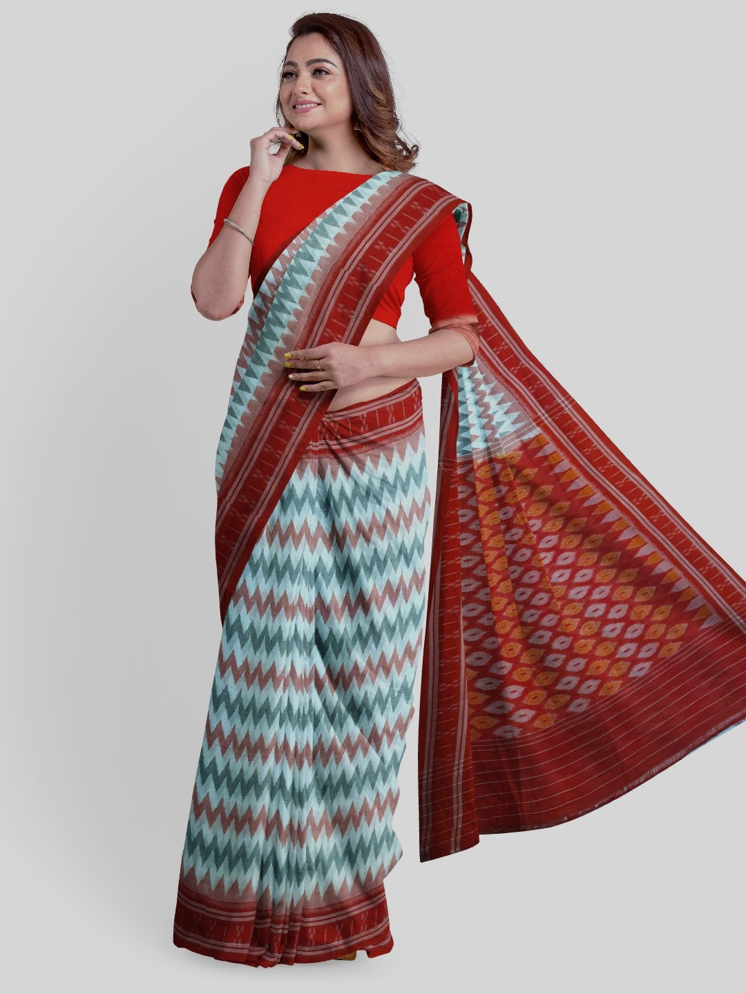 White with Red Green Cotton Odisha Ikat saree with cotton ikat blouse piece