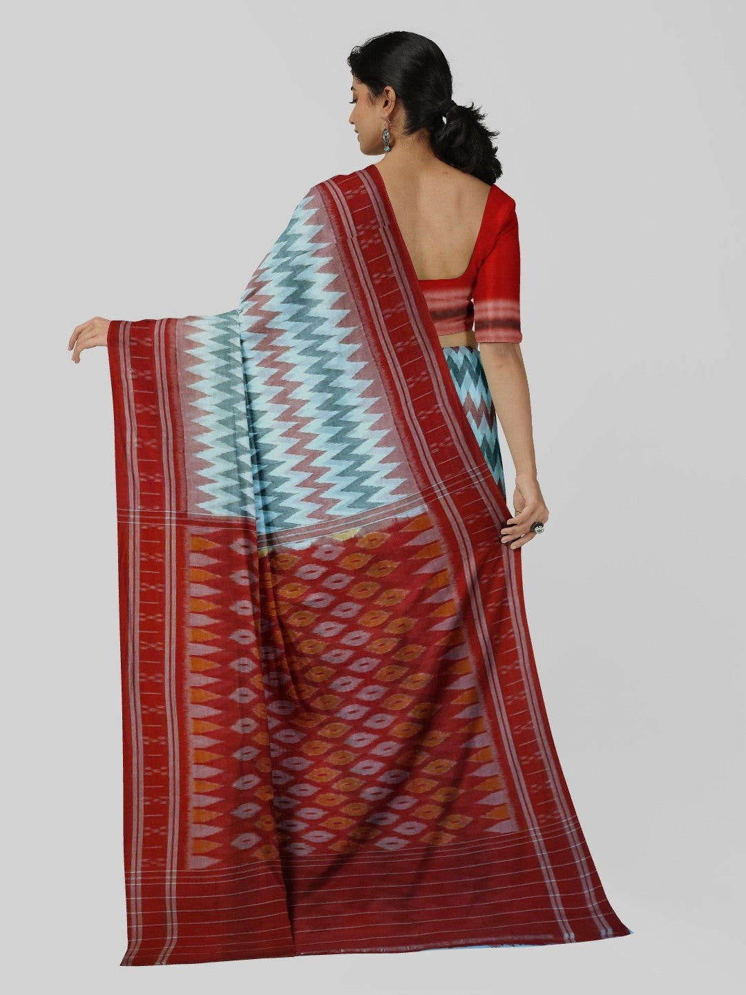 White with Red Green Cotton Odisha Ikat saree with cotton ikat blouse piece