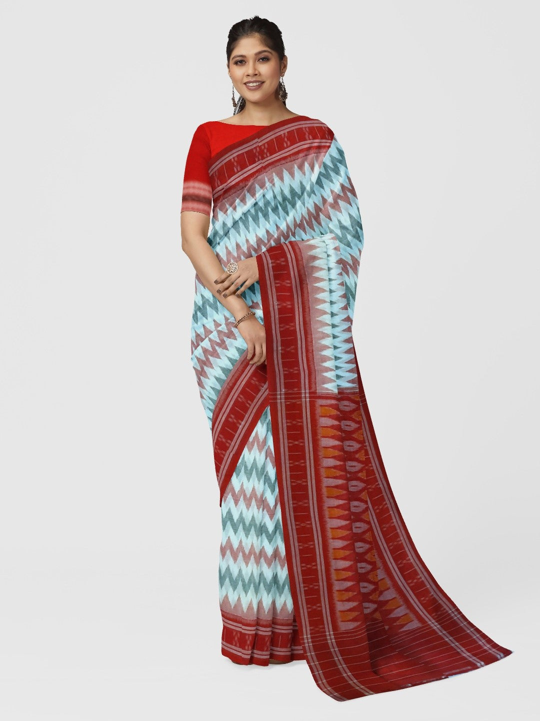 White with Red Green Cotton Odisha Ikat saree with cotton ikat blouse piece