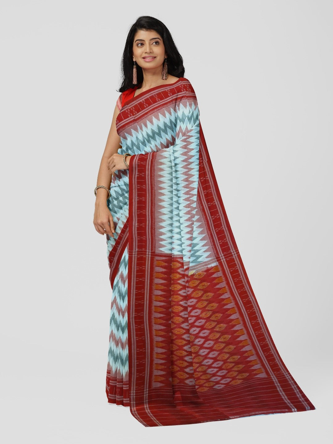 White with Red Green Cotton Odisha Ikat saree with cotton ikat blouse piece