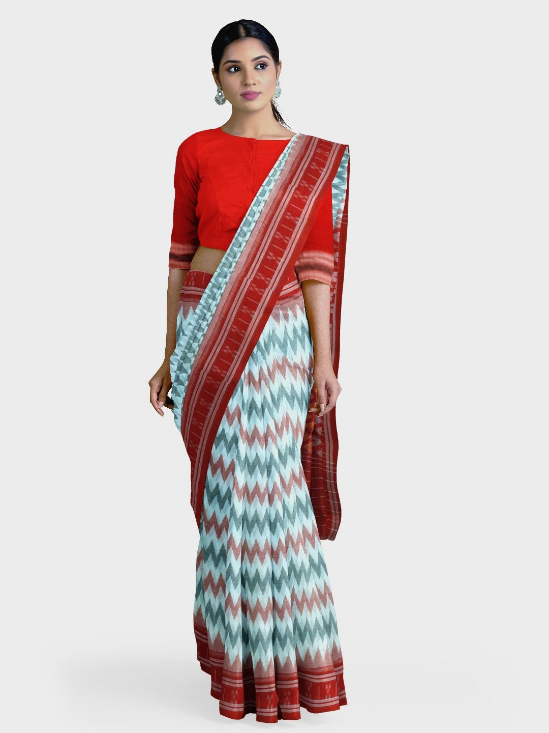 White with Red Green Cotton Odisha Ikat saree with cotton ikat blouse piece