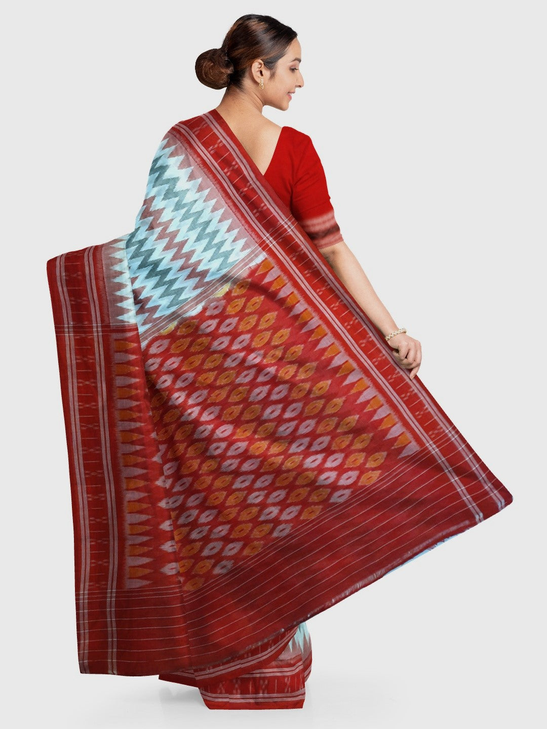 White with Red Green Cotton Odisha Ikat saree with cotton ikat blouse piece
