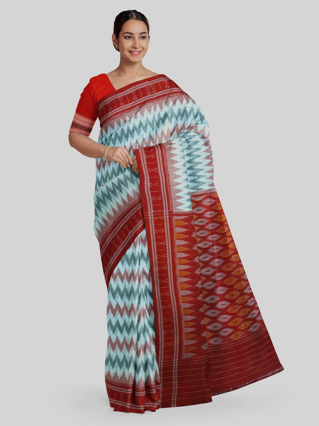 White with Red Green Cotton Odisha Ikat saree with cotton ikat blouse piece