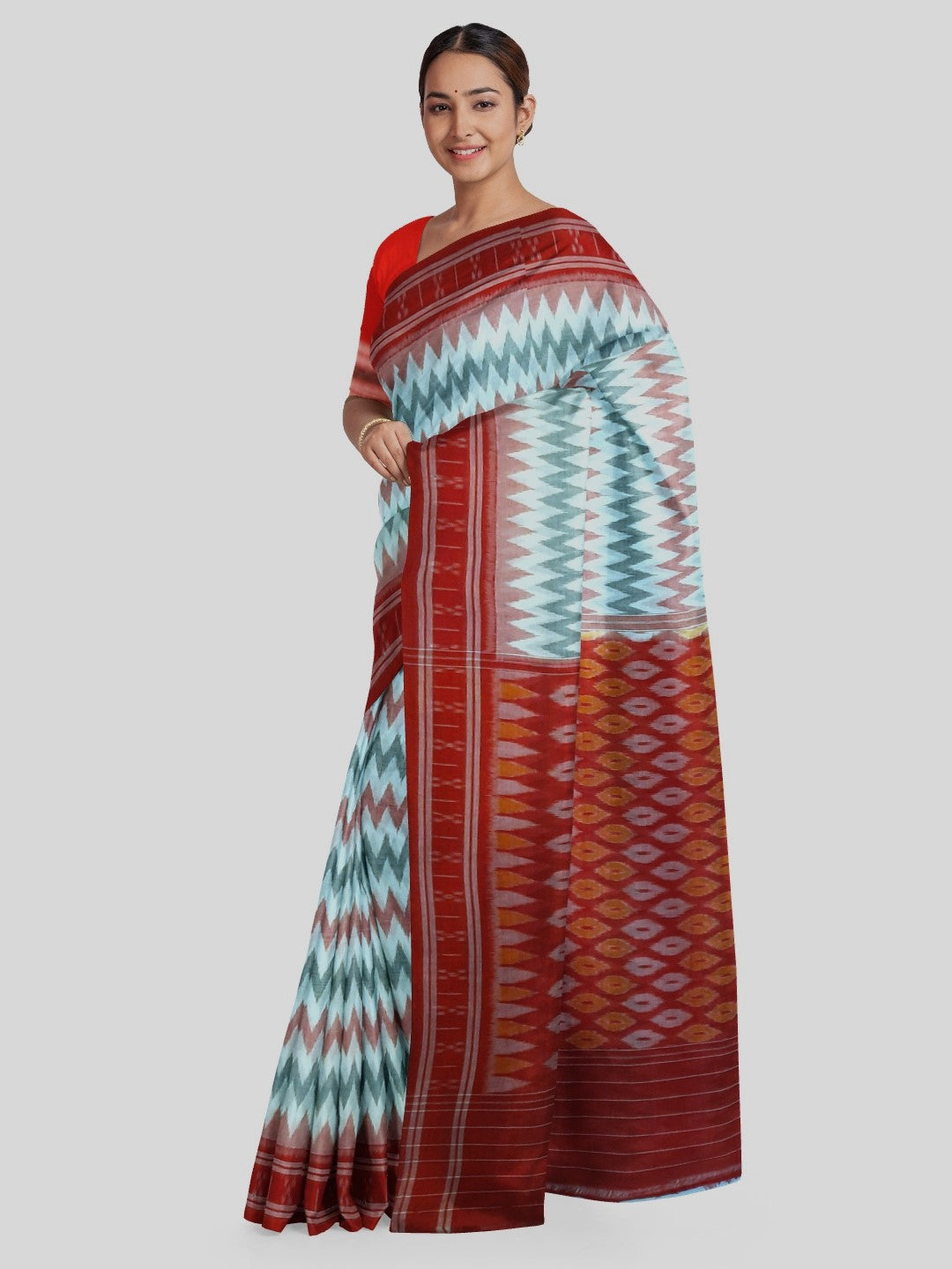 White with Red Green Cotton Odisha Ikat saree with cotton ikat blouse piece