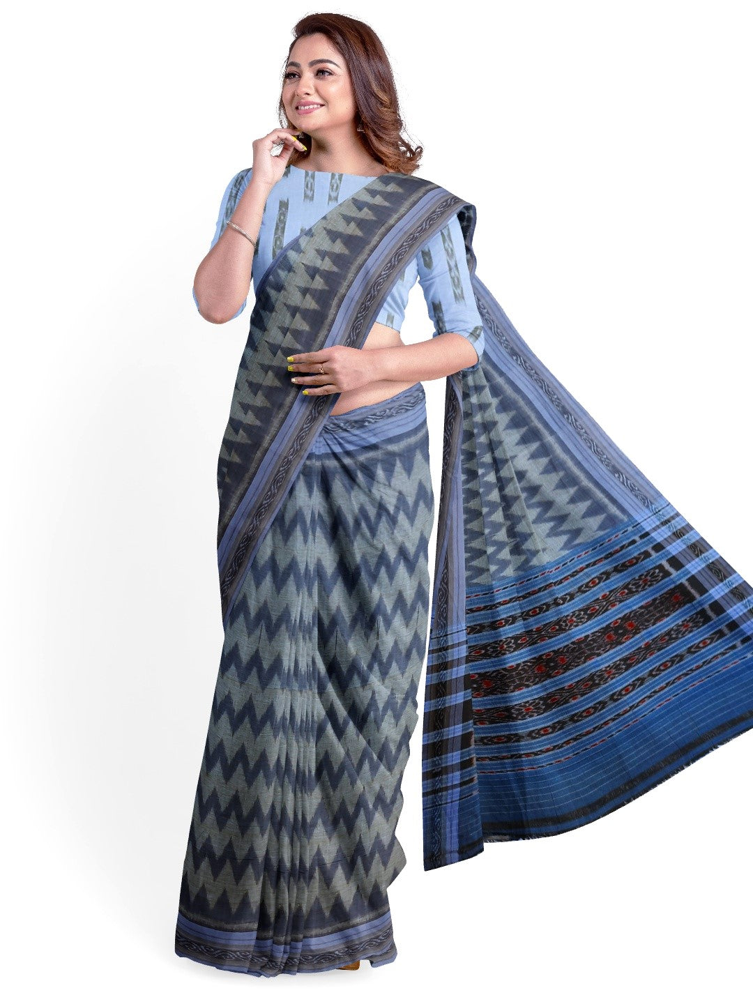 Grey Odisha Ikat saree  with cotton ikat blouse piece