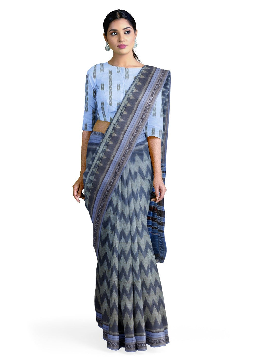 Grey Odisha Ikat saree  with cotton ikat blouse piece