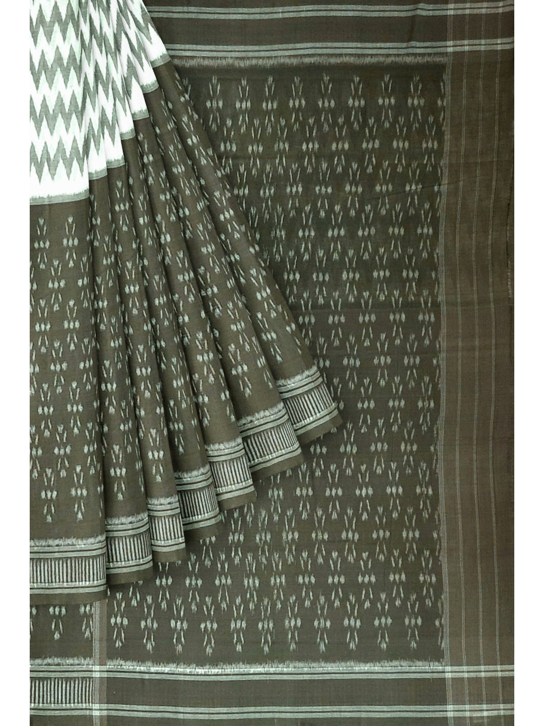 OliveGreen with White Cotton Odisha Ikat saree with cotton ikat blouse piece