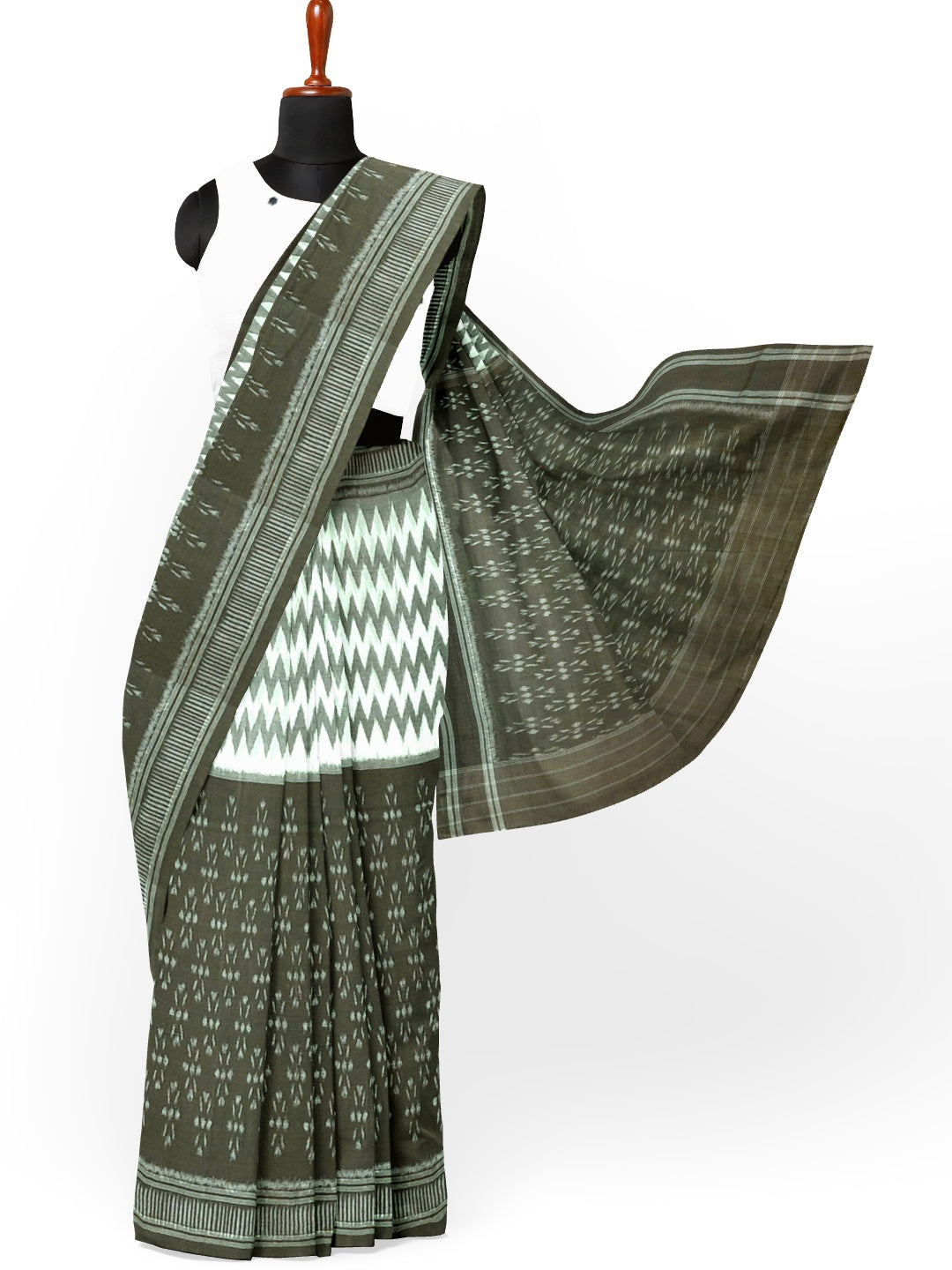OliveGreen with White Cotton Odisha Ikat saree with cotton ikat blouse piece