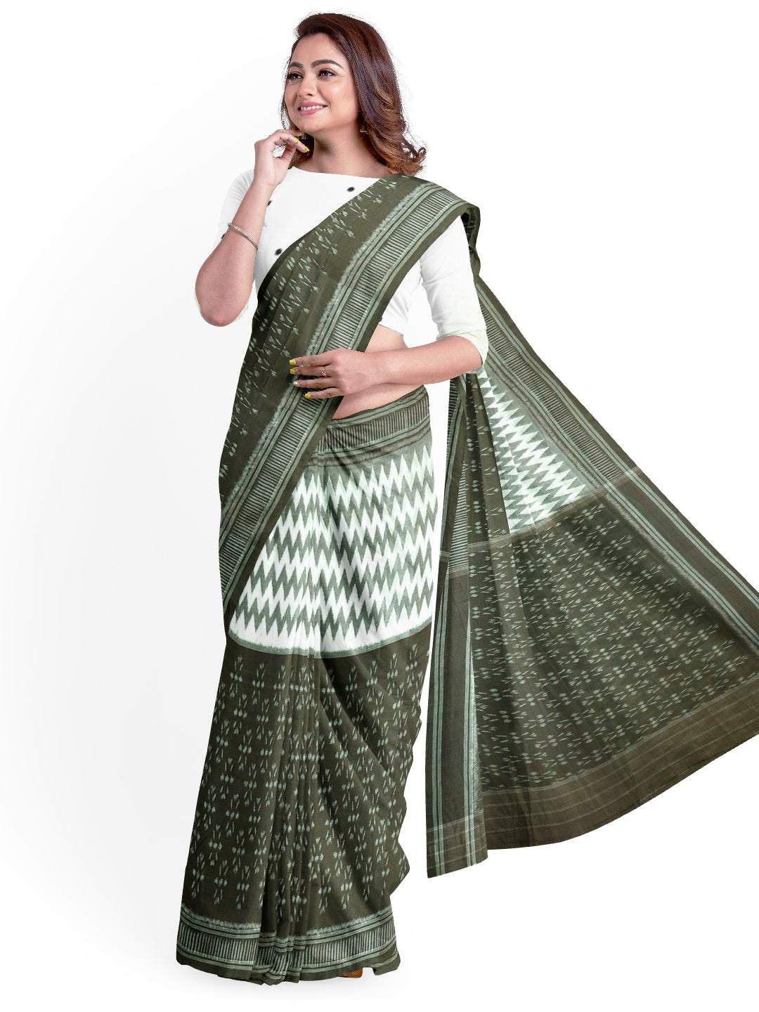 OliveGreen with White Cotton Odisha Ikat saree with cotton ikat blouse piece