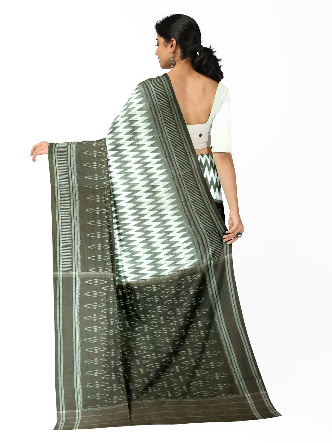 OliveGreen with White Cotton Odisha Ikat saree with cotton ikat blouse piece