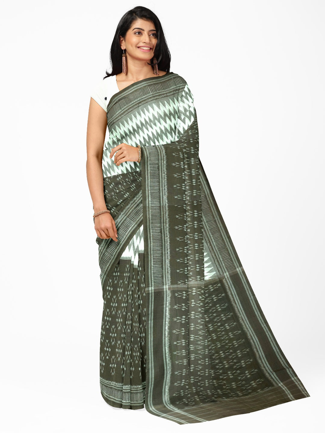 OliveGreen with White Cotton Odisha Ikat saree with cotton ikat blouse piece