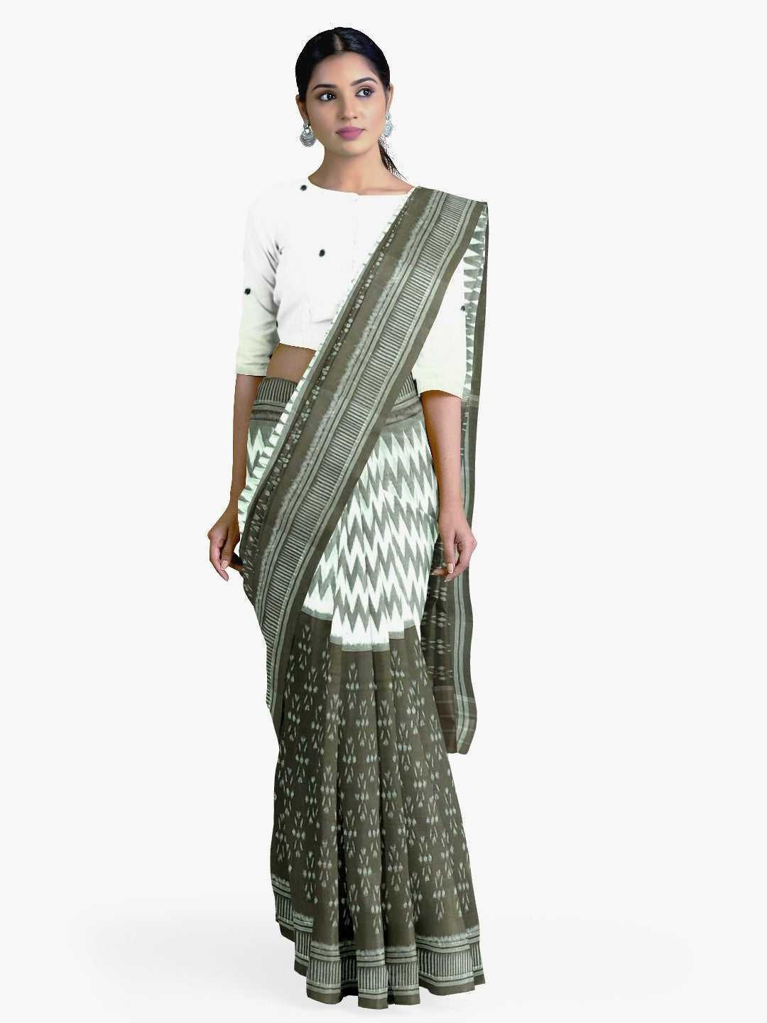 OliveGreen with White Cotton Odisha Ikat saree with cotton ikat blouse piece