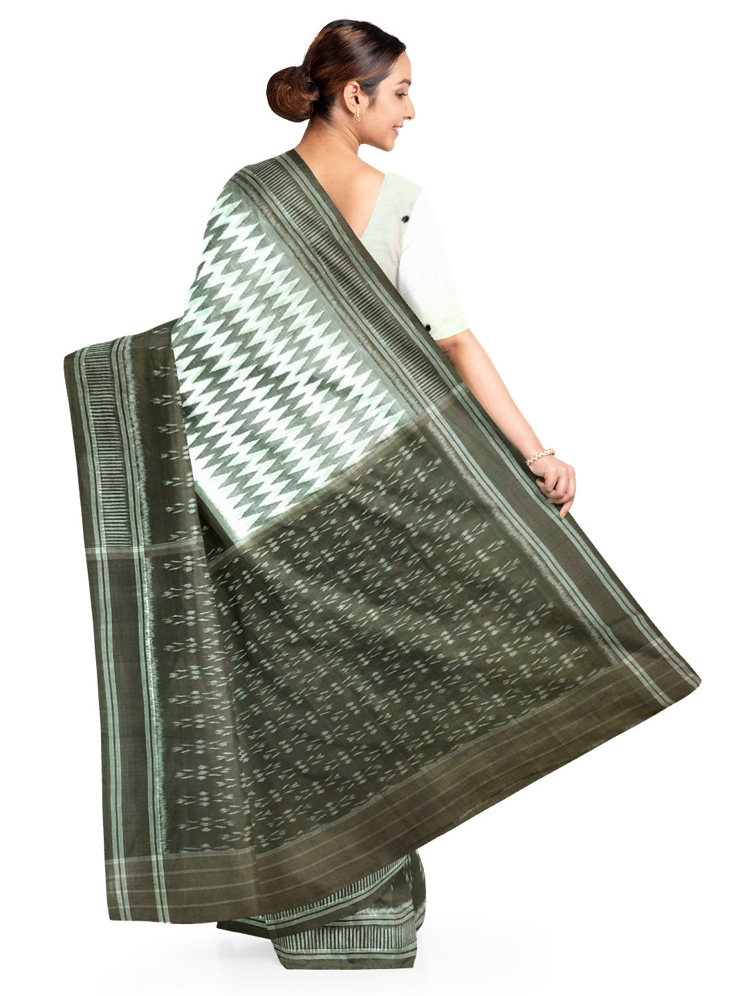 OliveGreen with White Cotton Odisha Ikat saree with cotton ikat blouse piece