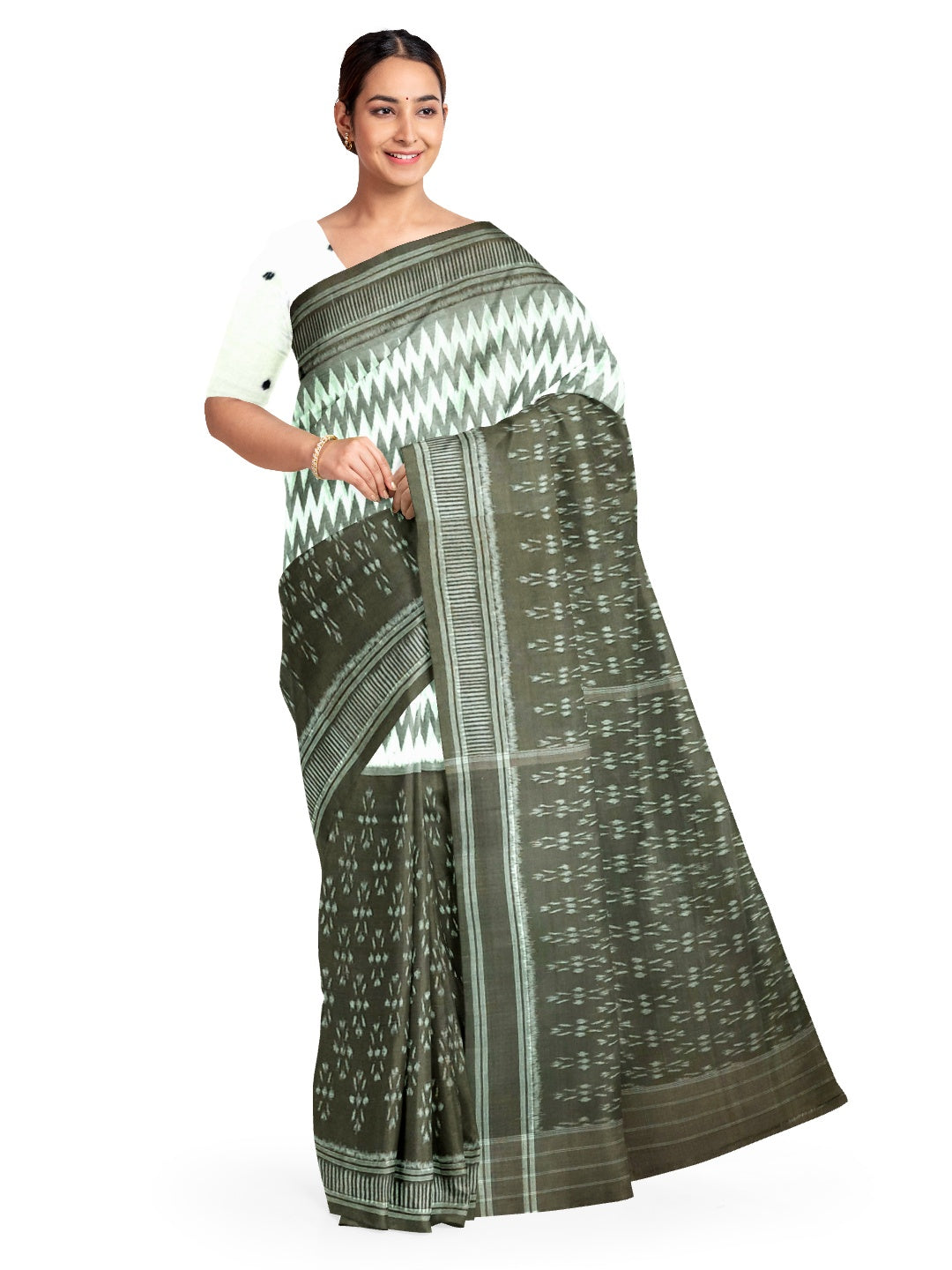 OliveGreen with White Cotton Odisha Ikat saree with cotton ikat blouse piece