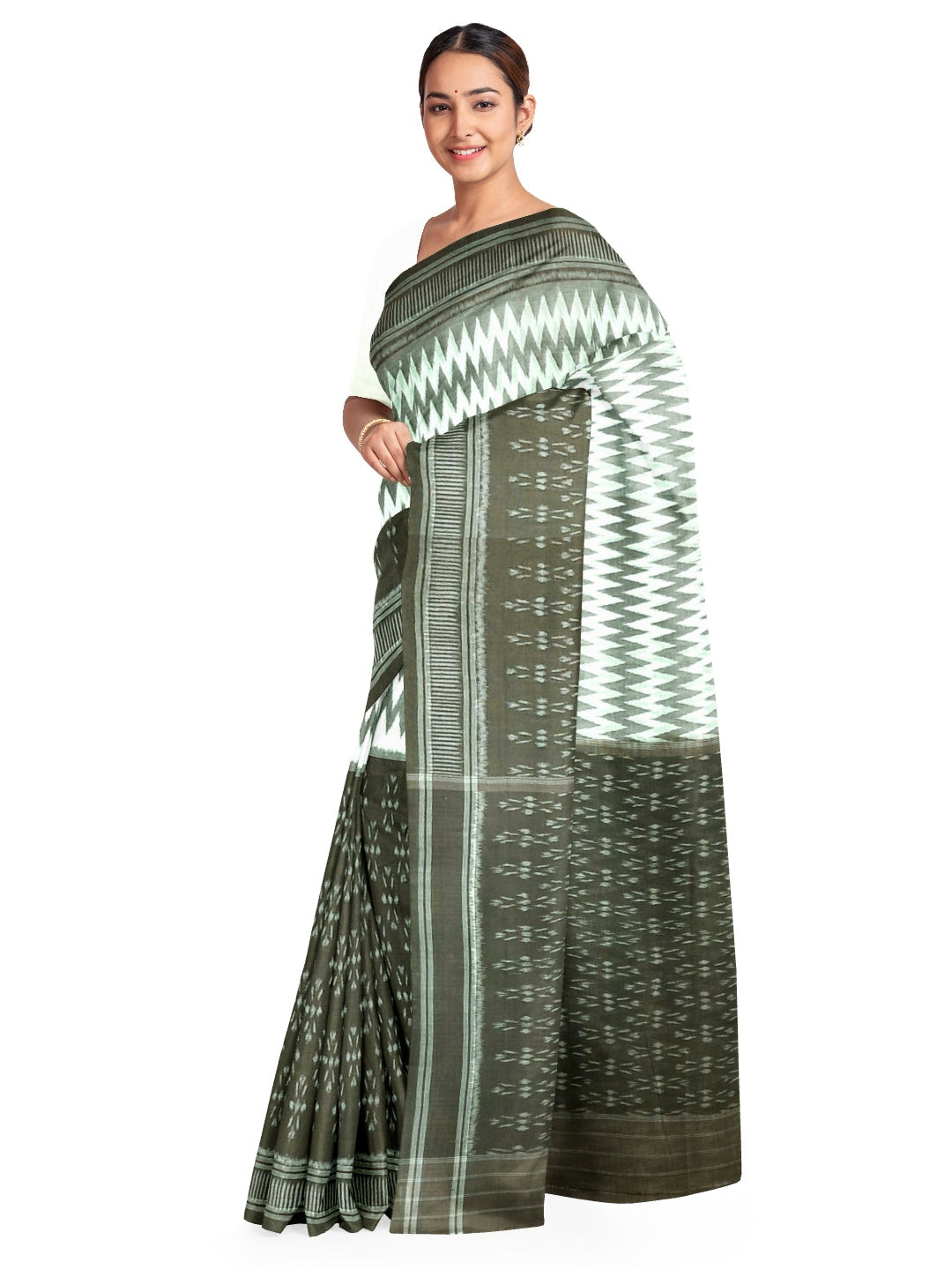OliveGreen with White Cotton Odisha Ikat saree with cotton ikat blouse piece