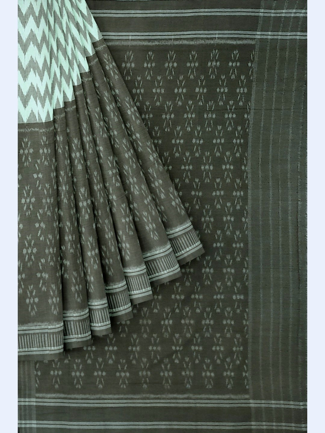 OliveGreen with White Cotton Odisha Ikat saree with cotton ikat blouse piece