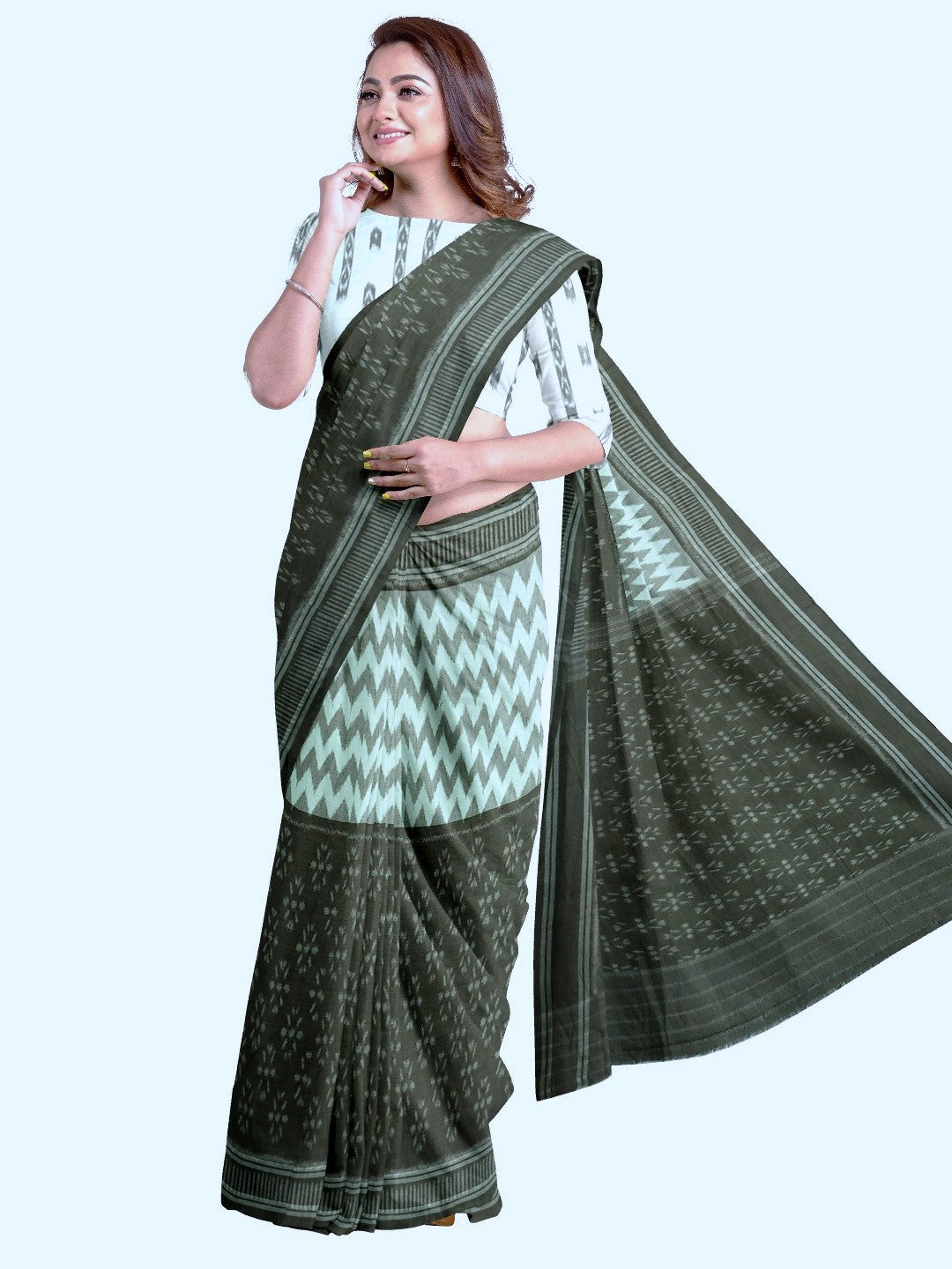 OliveGreen with White Cotton Odisha Ikat saree with cotton ikat blouse piece