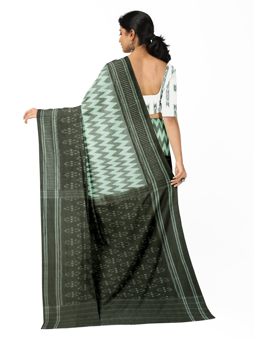 OliveGreen with White Cotton Odisha Ikat saree with cotton ikat blouse piece