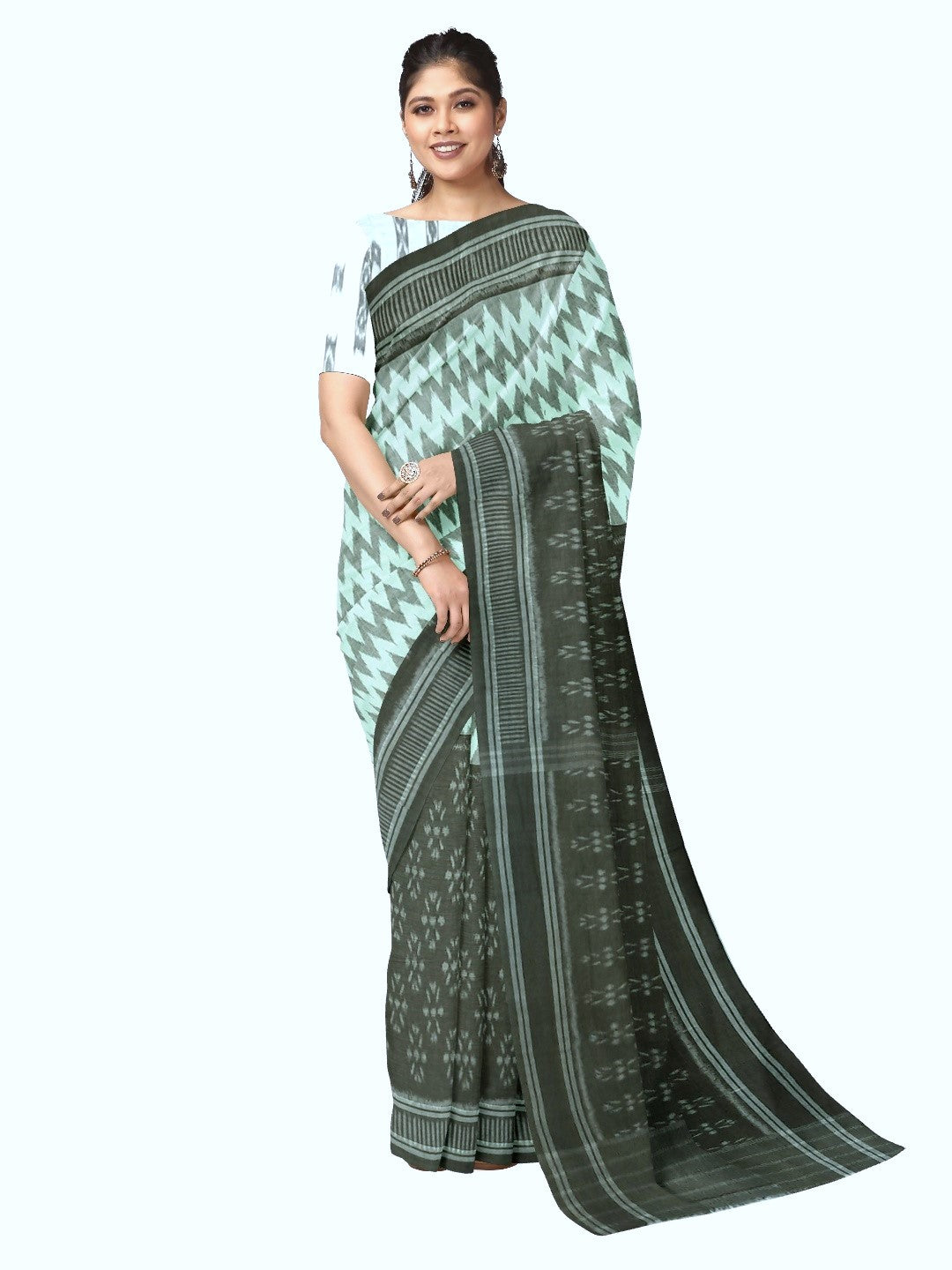 OliveGreen with White Cotton Odisha Ikat saree with cotton ikat blouse piece