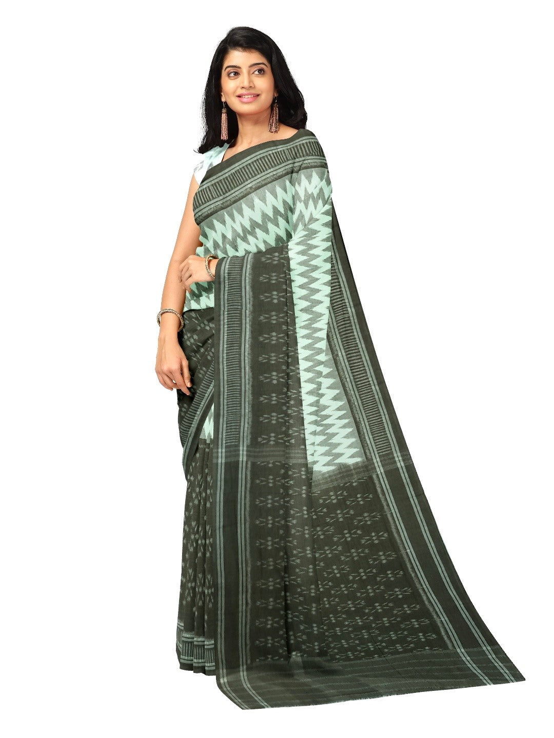 OliveGreen with White Cotton Odisha Ikat saree with cotton ikat blouse piece