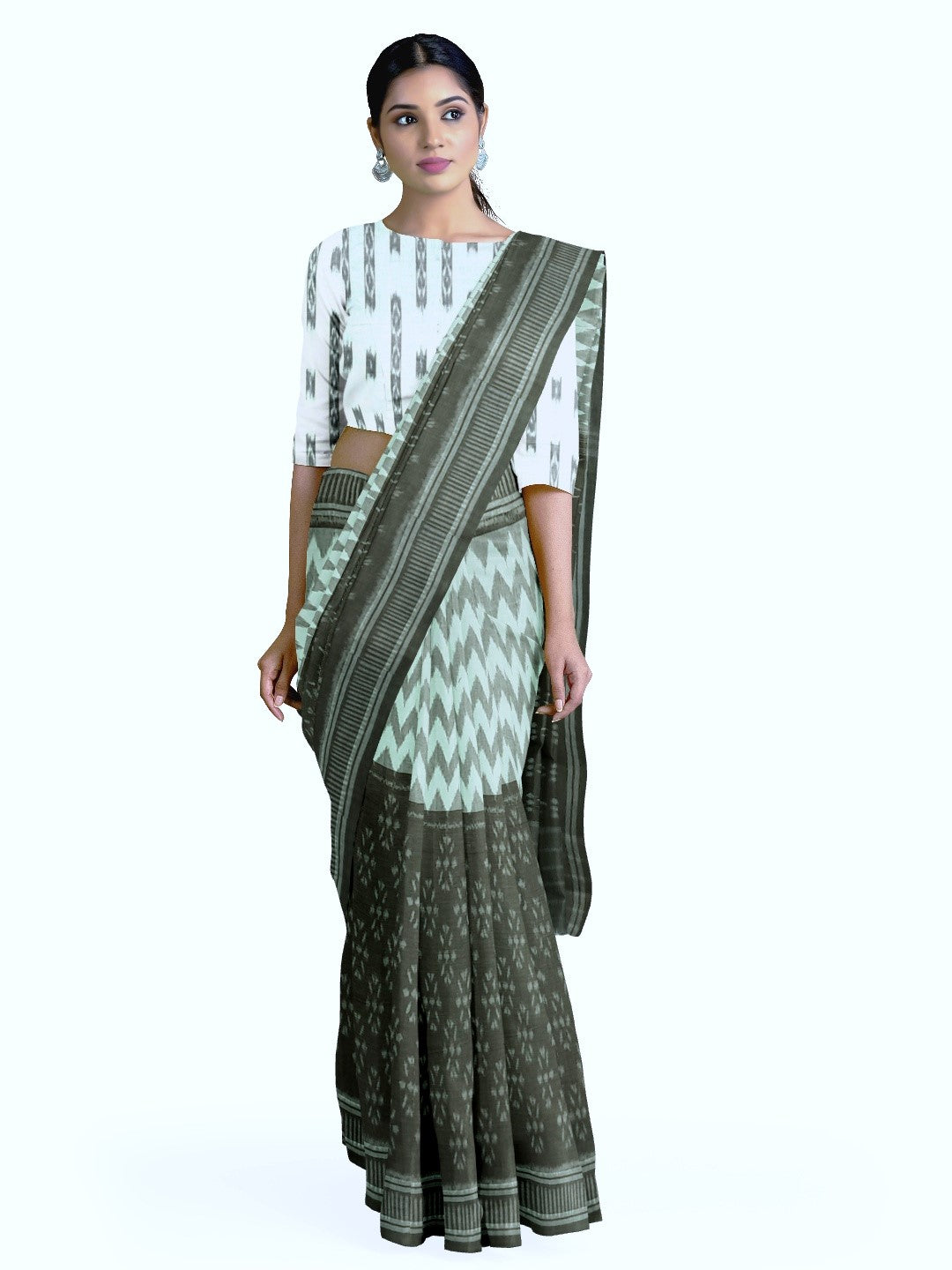OliveGreen with White Cotton Odisha Ikat saree with cotton ikat blouse piece