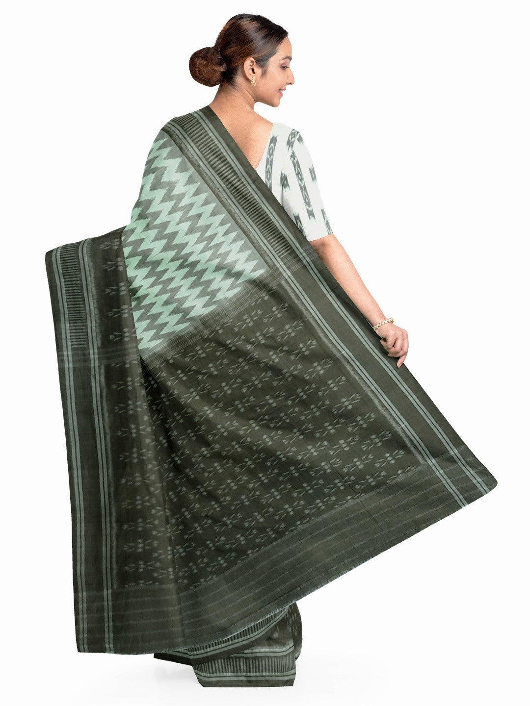 OliveGreen with White Cotton Odisha Ikat saree with cotton ikat blouse piece