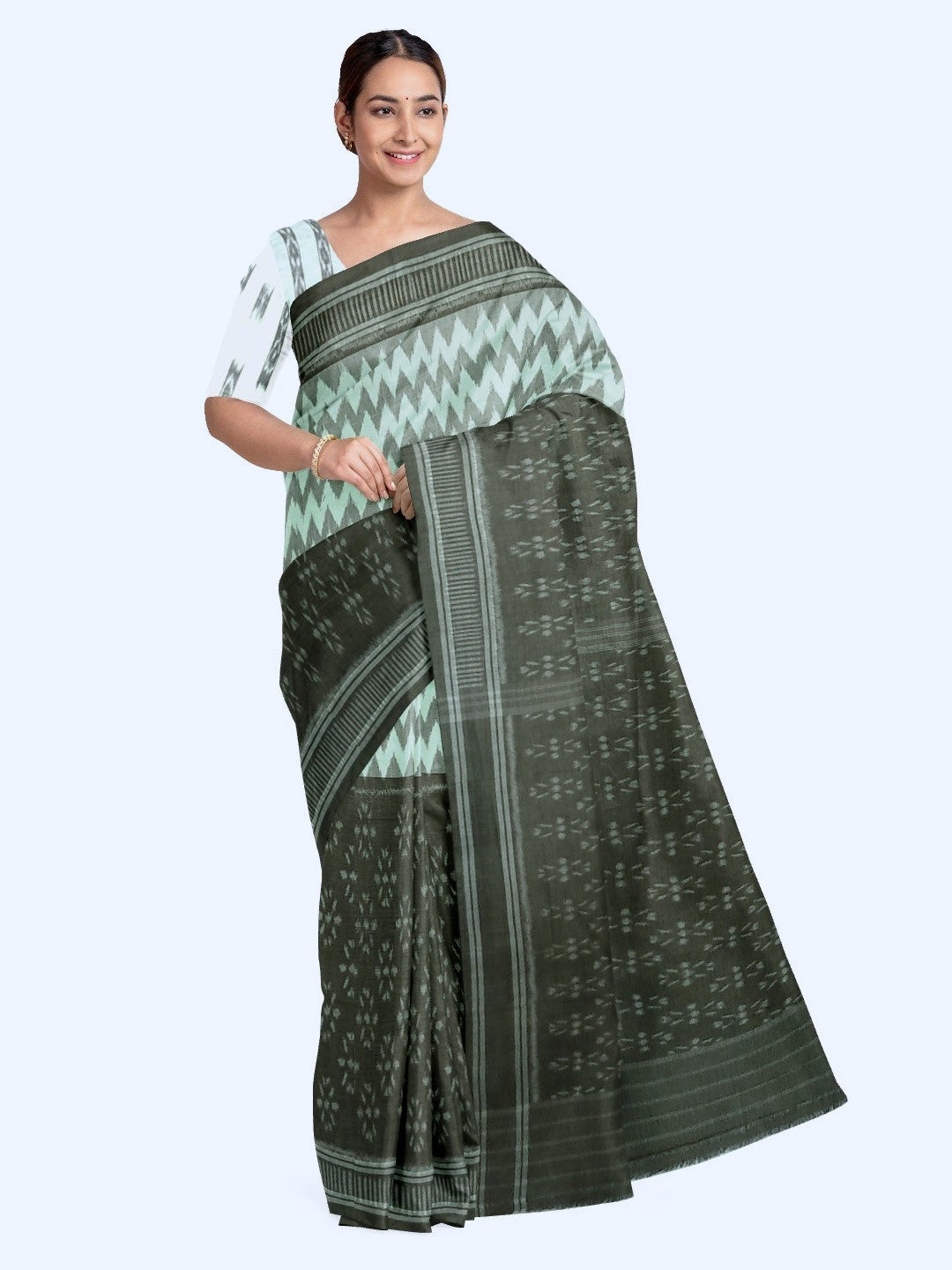 OliveGreen with White Cotton Odisha Ikat saree with cotton ikat blouse piece
