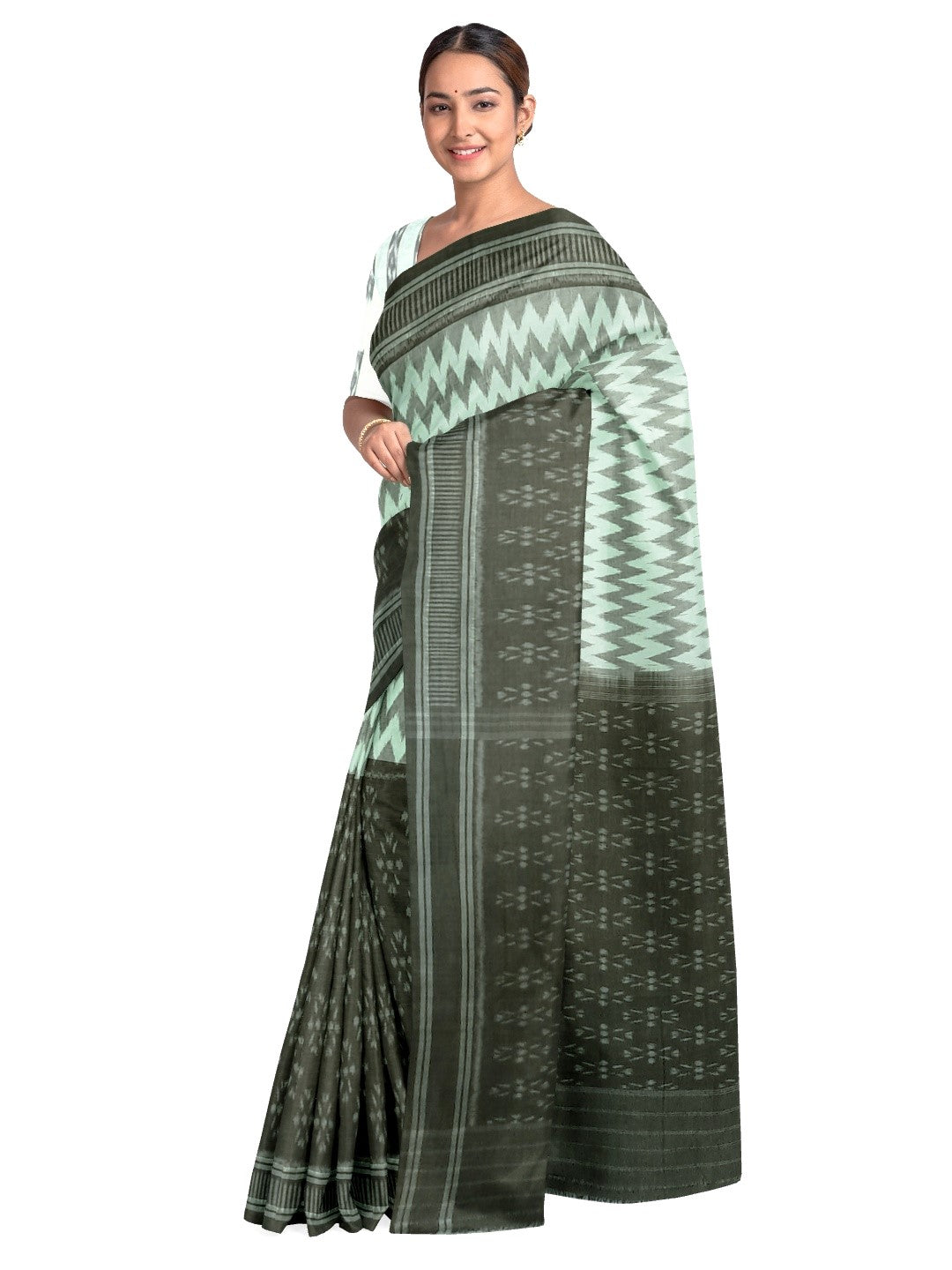 OliveGreen with White Cotton Odisha Ikat saree with cotton ikat blouse piece
