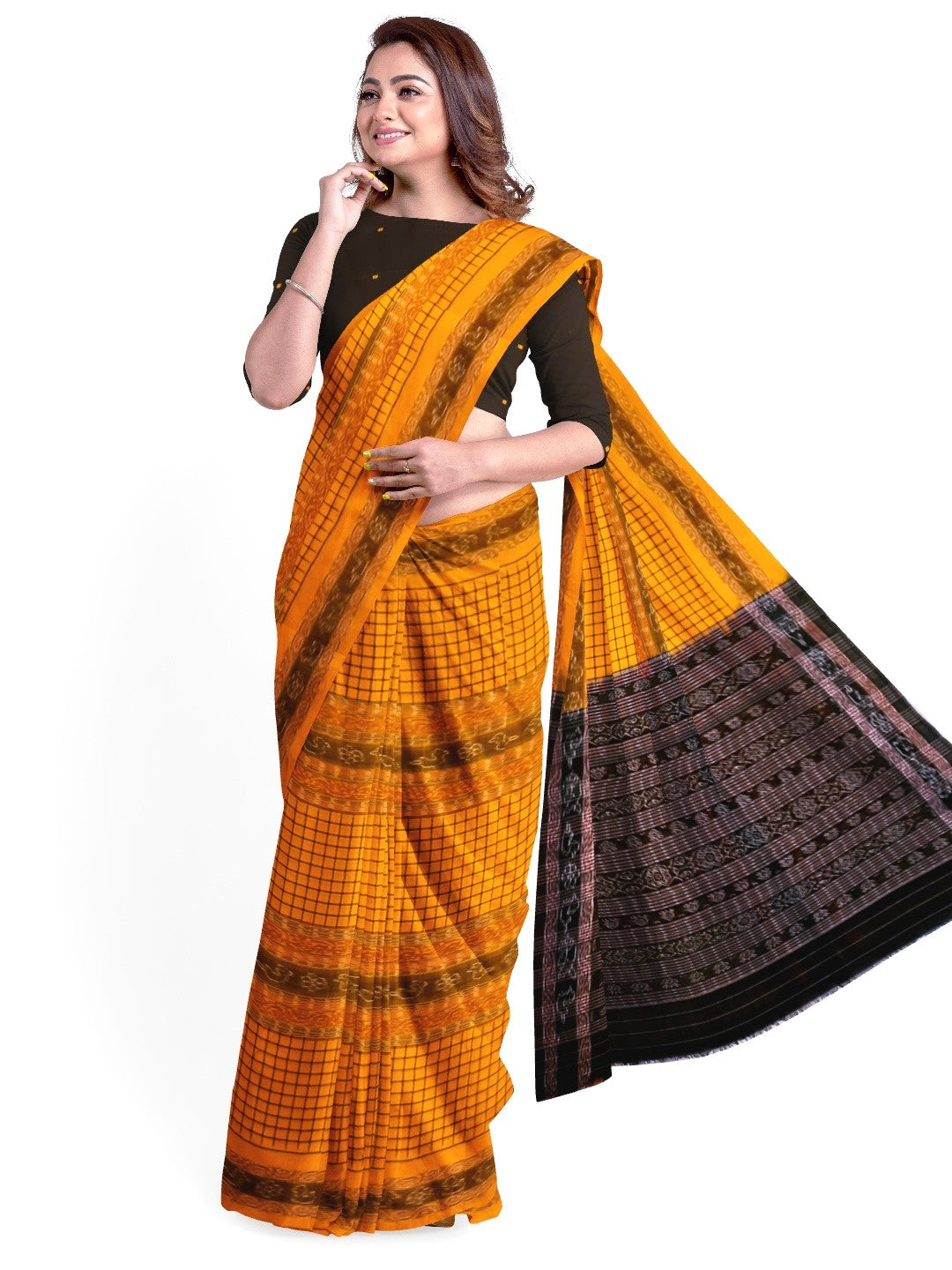 Yellow Sambalpuri Sachipar Cotton Saree with cotton ikat blouse piece