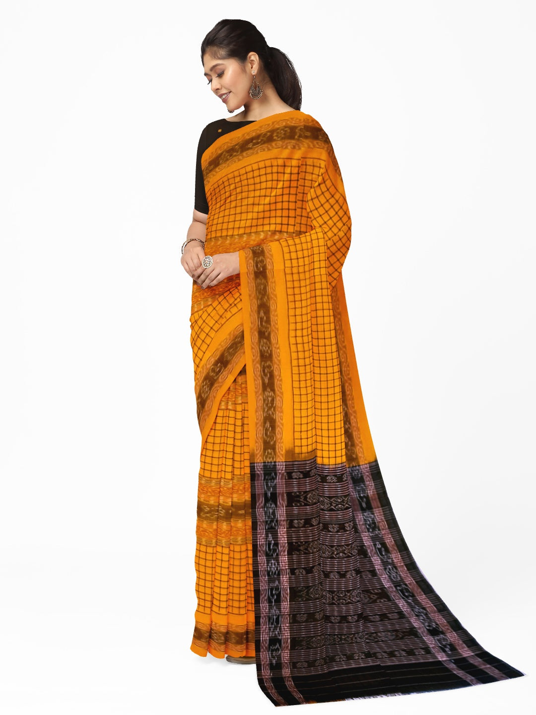 Yellow Sambalpuri Sachipar Cotton Saree with cotton ikat blouse piece